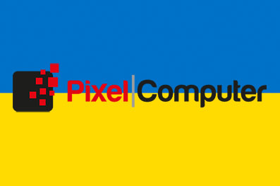 Collage Flagge Ukraine und Logo Pixelcomputer