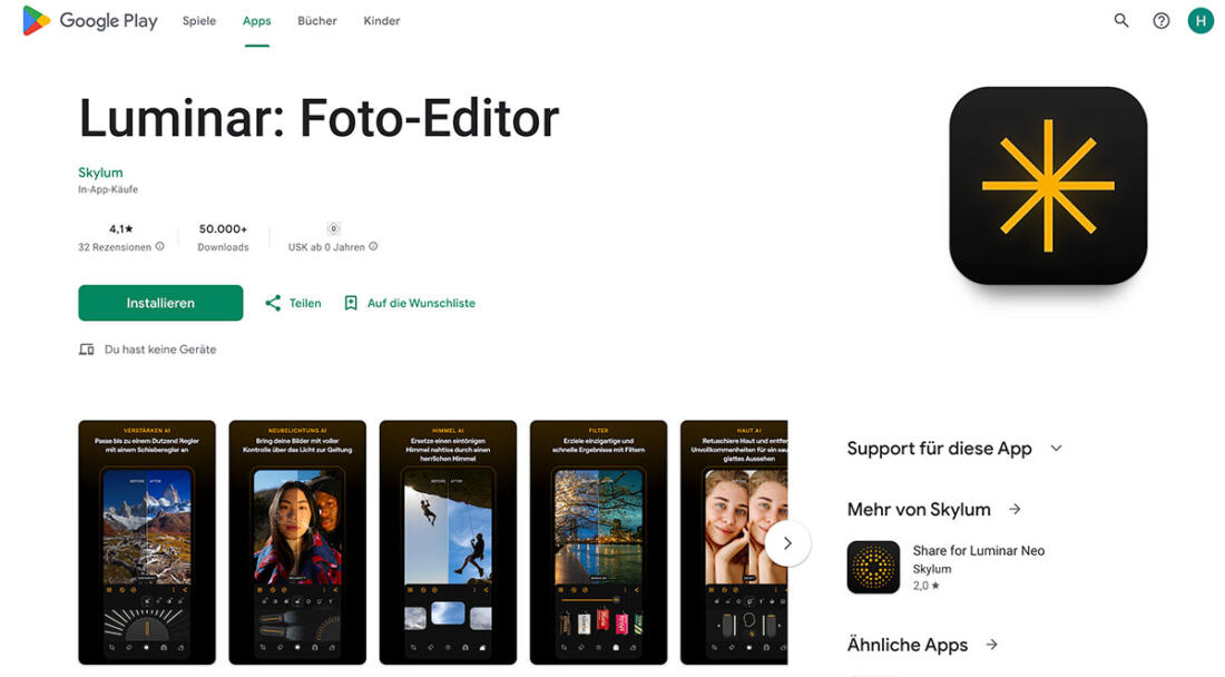 Screenshot Luminar im Google Store